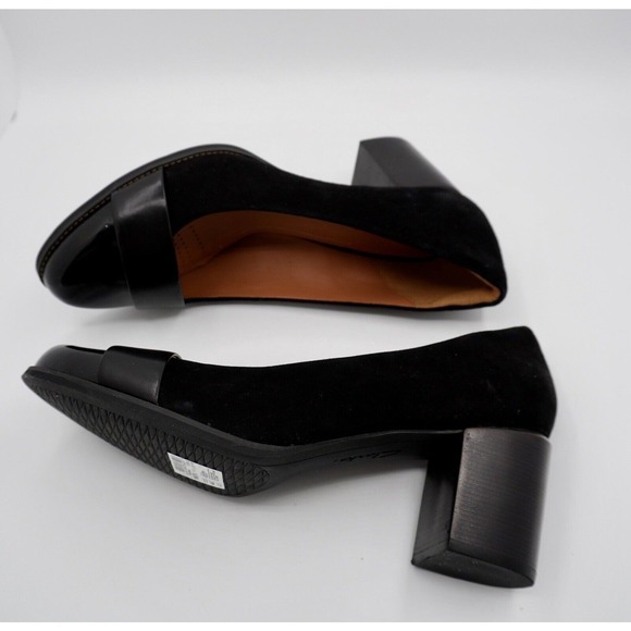 Clarks Farah Brae Black‎ Suede Patent Block Heel Pumps 11 Dark Academia 35-04 - Picture 2 of 14